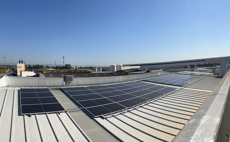 Paneles solares instalados en un tejado blanco bajo un cielo azul claro.