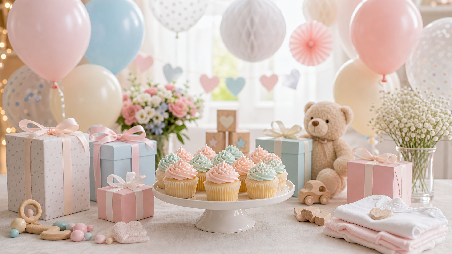 Table de fête prénatale aux tons pastel