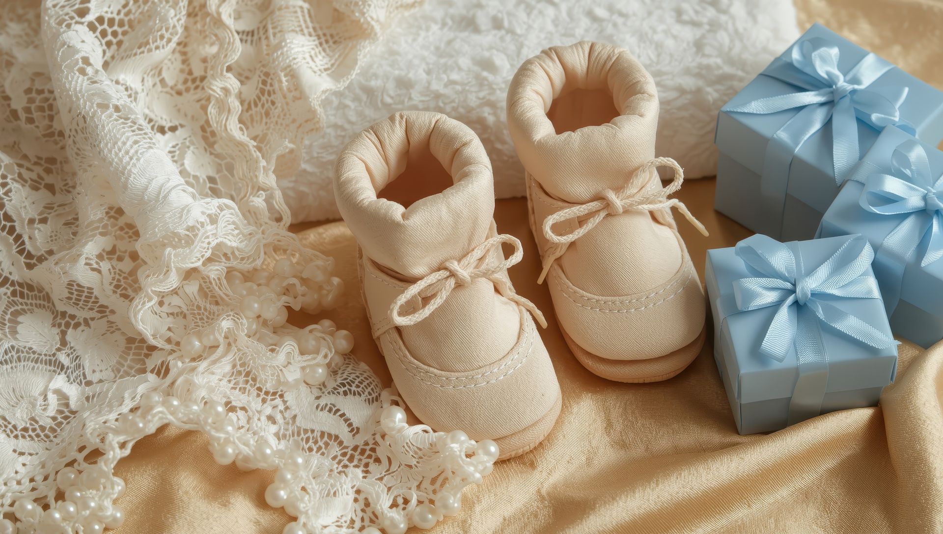 Chaussons de bébé à côté de boîtes cadeaux