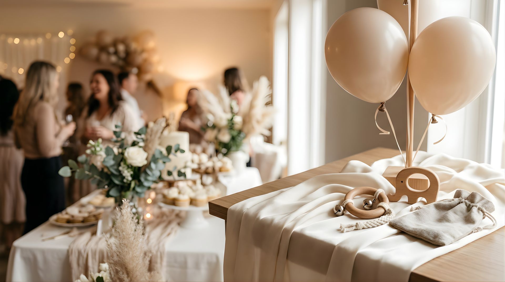 Élégante table de fête prénatale avec ballons, fleurs blanches et boîtes cadeaux