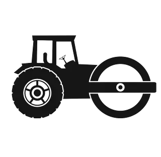 Una silueta en blanc i negre d'un tractor amb una roda gran sobre un fons blanc.