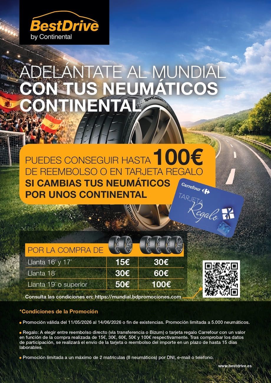 Anunci de pneumàtics Continental amb dos pneumàtics en una carretera i un missatge de text que ofereix una targeta regal de fins a 100 €