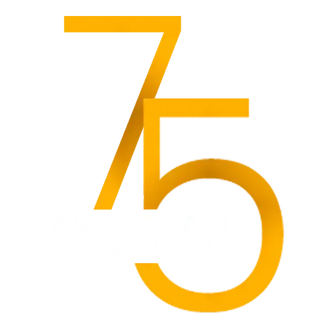 Un número d'or 75 sobre un fons blanc