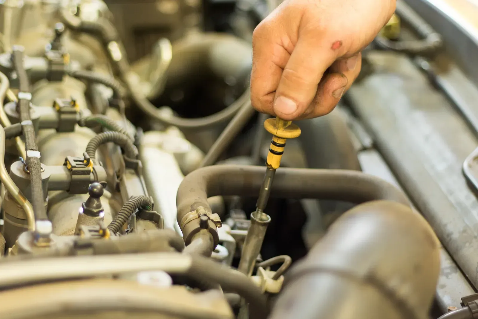 Una persona està comprovant el nivell d'oli del motor d'un cotxe amb una vareta de mesura.