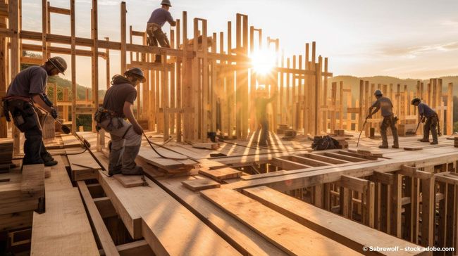 Zimmerer bauen einen Holzrahmen als Grundgerüst für ein Haus