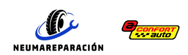 Dos logotipos para neumareparacion y confort auto sobre fondo blanco