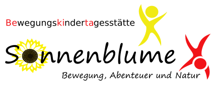 Logo der Bewegungskindertagesstätte Sonnenblume mit gelber Sonne und roten Figuren, Untertitel „Bewegung, Abenteuer und Natur“