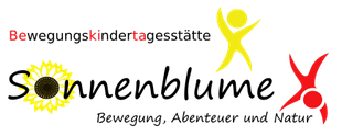 Logo der Bewegungskindertagesst&auml;tte Sonnenblume mit gelber Sonne und roten Figuren, Untertitel &bdquo;Bewegung, Abenteuer und Natur&ldquo;