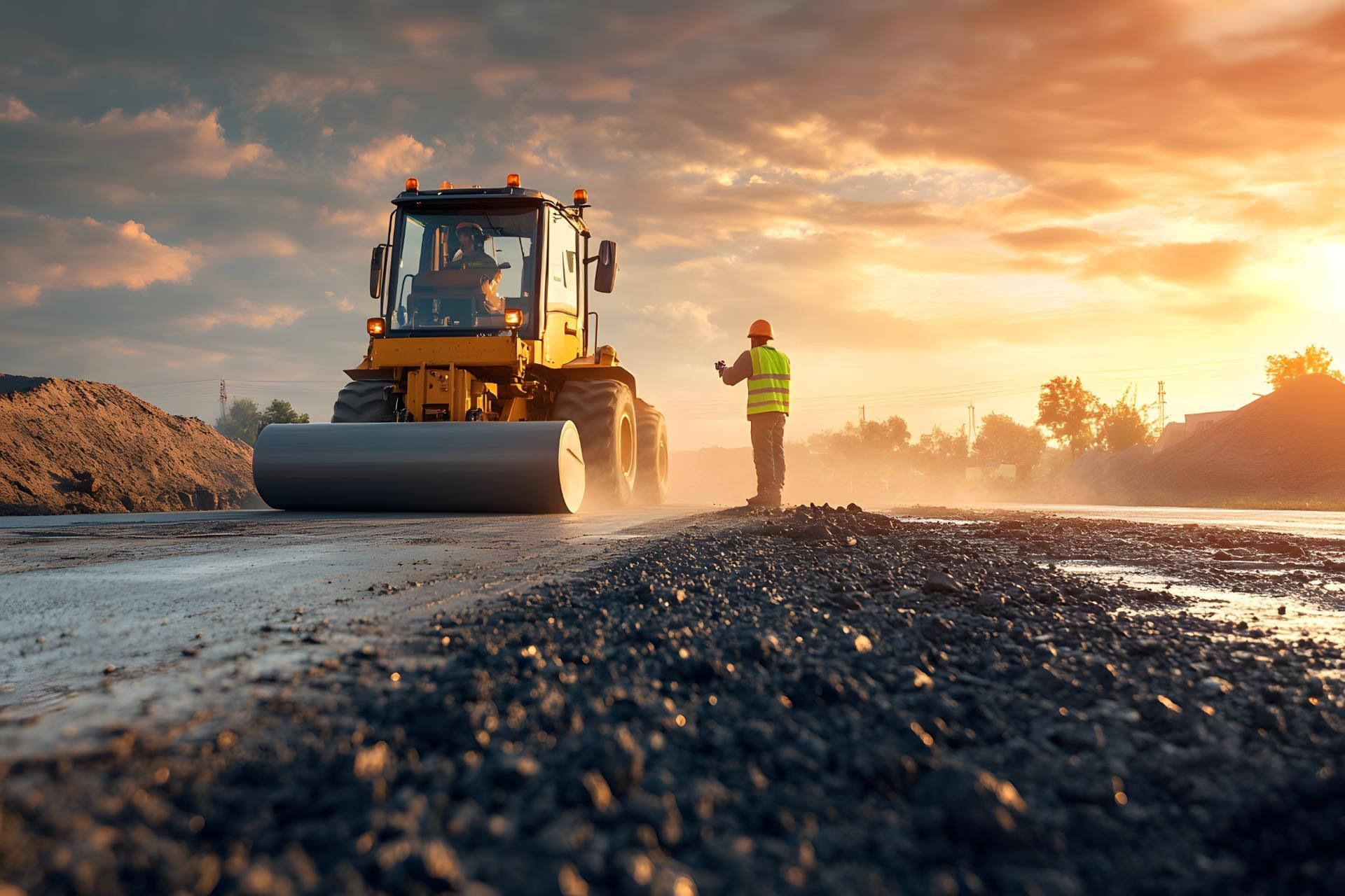 Ein Bauarbeiter steht auf einer Baustelle neben einem Bulldozer.