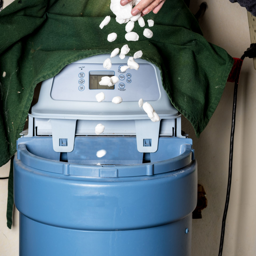 Une personne verse des pastilles de sel dans le réservoir d'un adoucisseur d'eau.