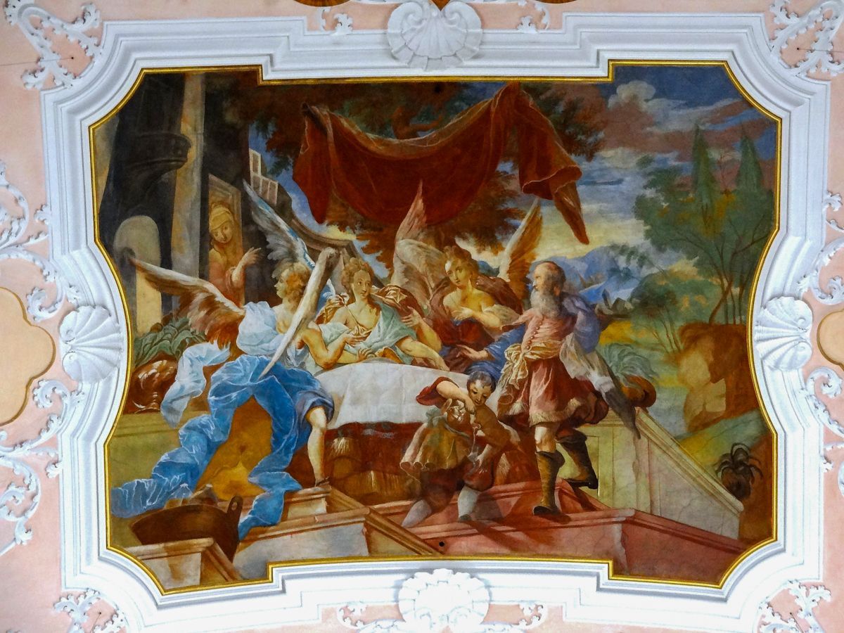 Deckenfresko von J. M. Rosner um 1717 – Engel verkünden Abraham die Geburt seines Sohnes Isaak