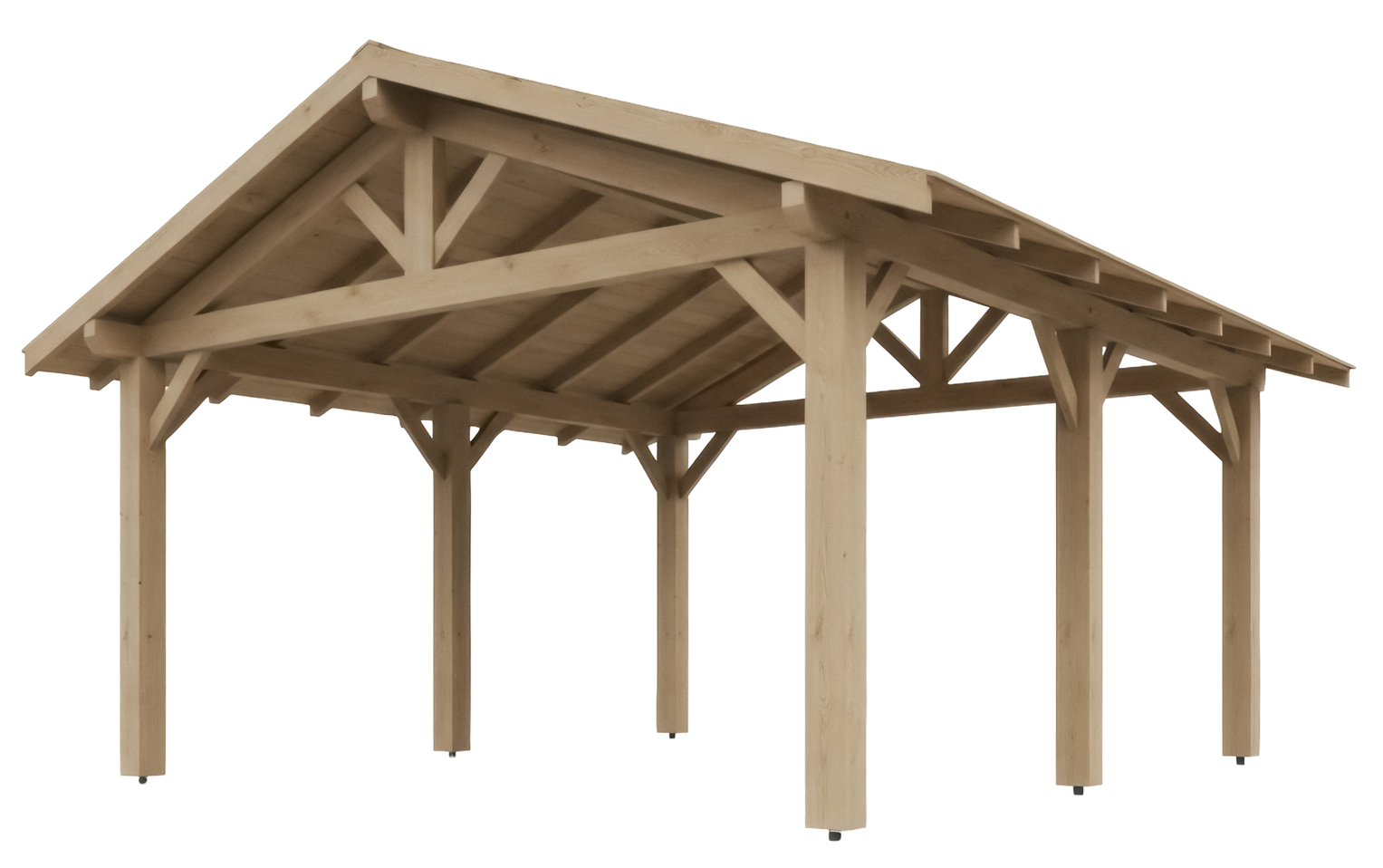 Abri de voiture en bois de style pavillon, avec un toit à deux versants.