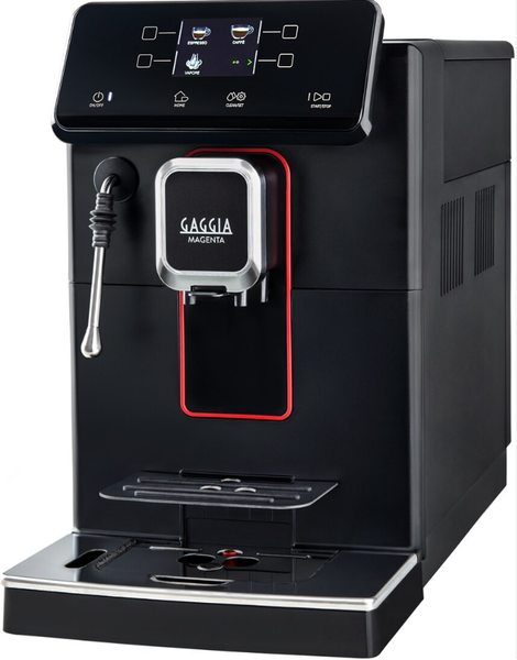 Eine schwarze Gaggia-Kaffeemaschine mit roter Verzierung
