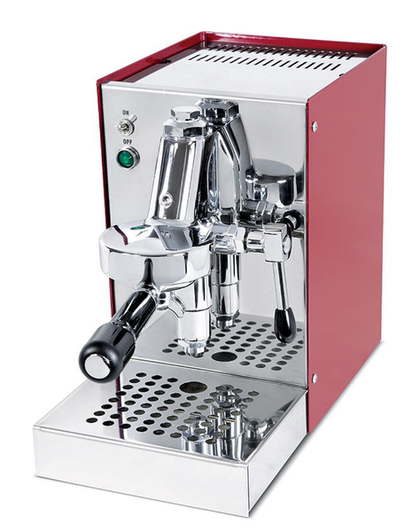 Eine rot-silberne Espressomaschine mit einem grünen Licht darauf