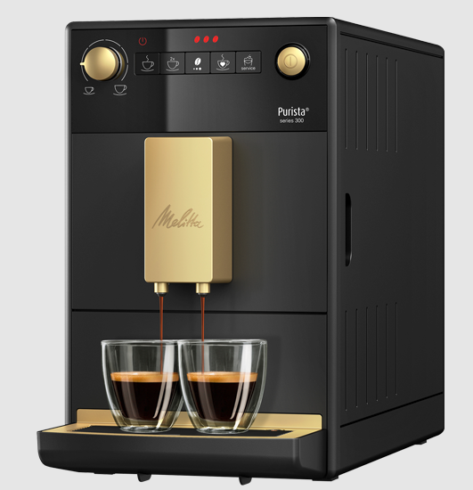 Eine schwarze Kaffeemaschine, aus der zwei Tassen Kaffee kommen