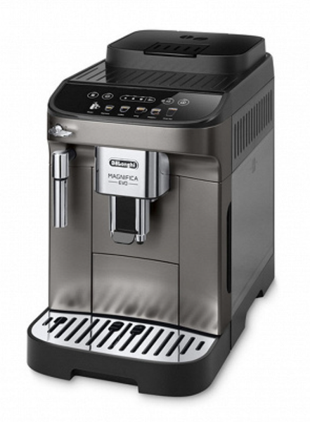 Eine Delonghi-Kaffeemaschine steht auf einer weissen Oberfläche