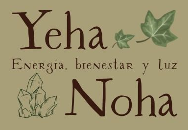 Texto marr&oacute;n sobre fondo tostado: "Yeha" y "Noha" con "Energ&iacute;a, bienestar y luz" en el medio, hoja verde y cristales.