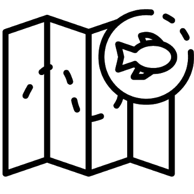 Un icono en blanco y negro de un mapa plegado con un pez en un círculo.