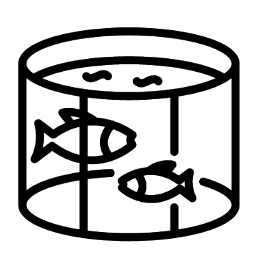 Un icono en blanco y negro de una pecera con peces dentro.