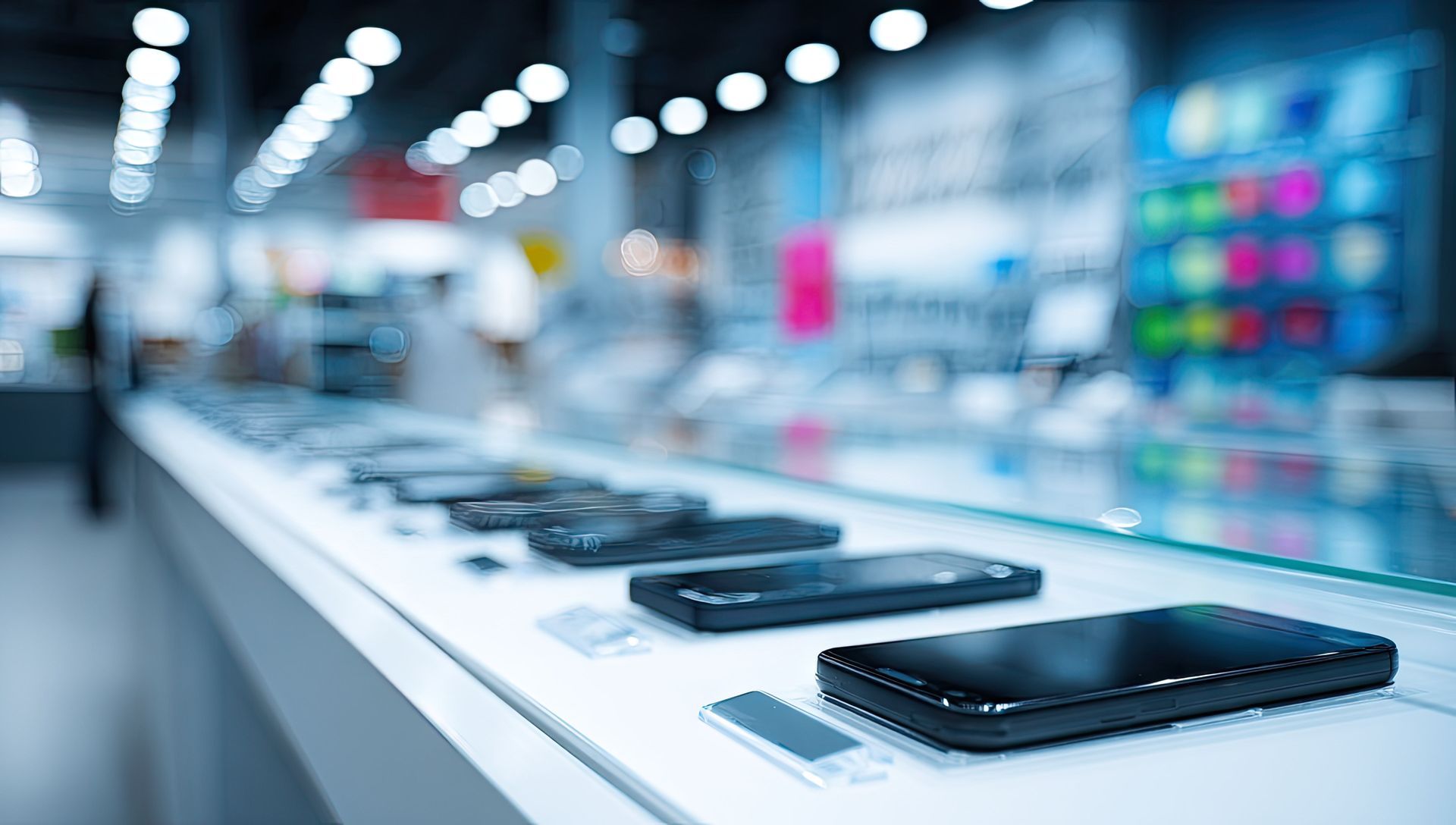 Des Smartphones exposés sur le comptoir d'un magasin bien éclairé.