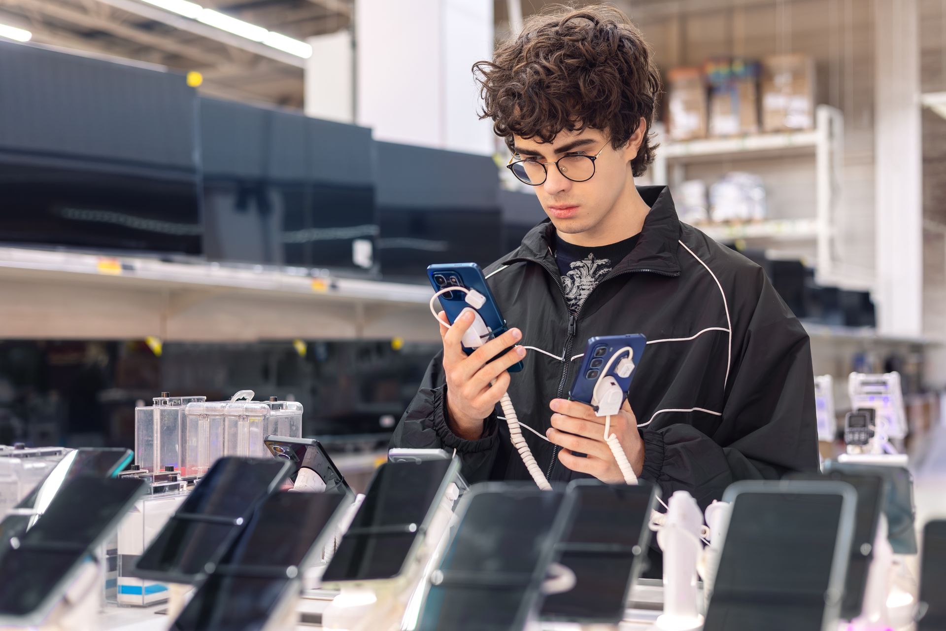Une personne compare deux Smartphones sur un présentoir dans un magasin.
