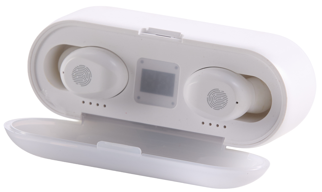 Enceinte portable ovale blanche avec deux haut-parleurs circulaires et un petit écran central, présentée ouverte sur fond blanc.