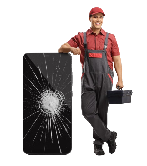 Un technicien en uniforme rouge se tient à côté d'un écran de Smartphone fissuré, tenant une boîte à outils.