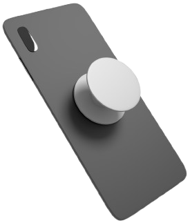 Coque arrière grise avec un support PopSocket blanc rond fixé sur fond blanc.