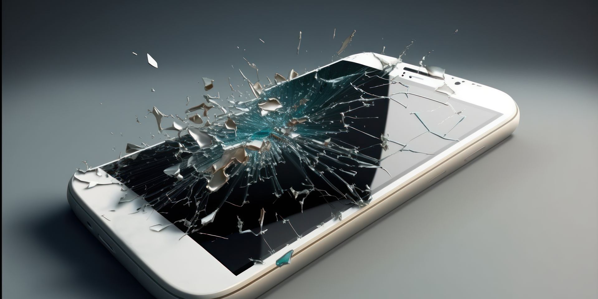 Smartphone fissuré avec écran brisé sur une surface grise.