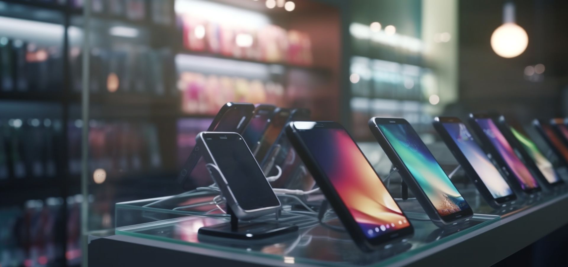 Des Smartphones exposés sur des présentoirs dans un showroom élégant aux reflets colorés et à la lumière diffuse.