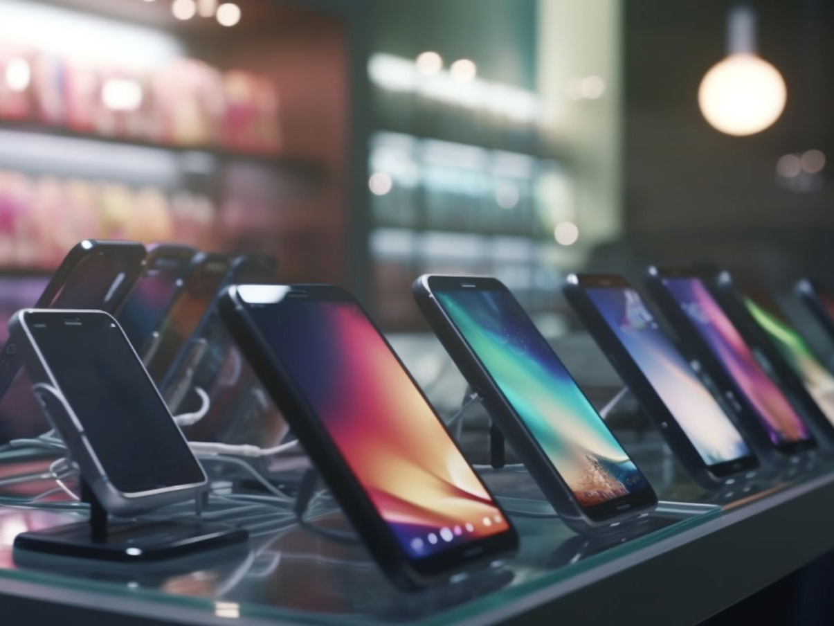 Des Smartphones exposés sur des présentoirs dans un magasin d'électronique moderne, avec des écrans colorés et des lumières floues en arrière-plan.
