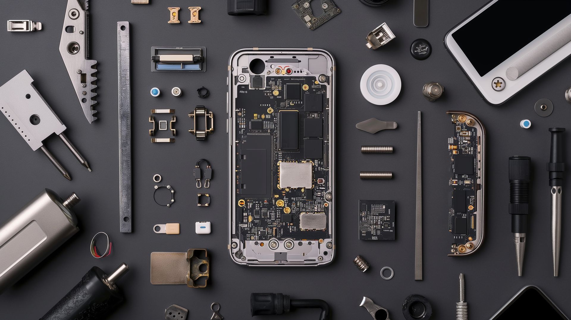 Smartphone démonté et outils de réparation disposés sur un établi noir.