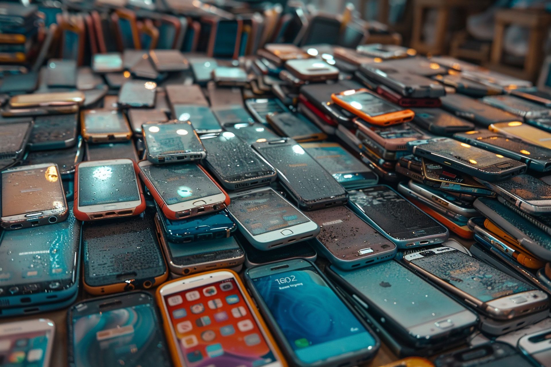 Des piles de vieux Smartphones aux écrans fissurés, entassés les uns sur les autres