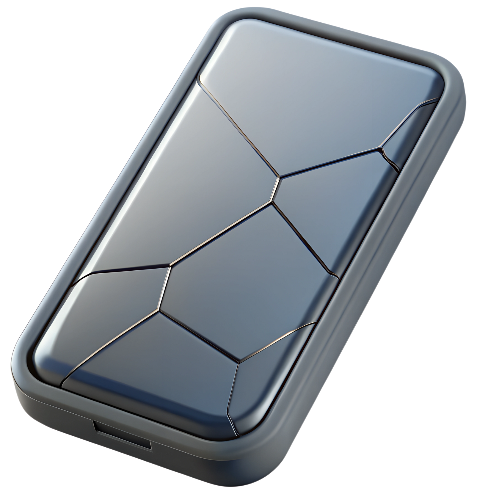 Smartphone bleu fissuré avec un écran brisé sur fond blanc.