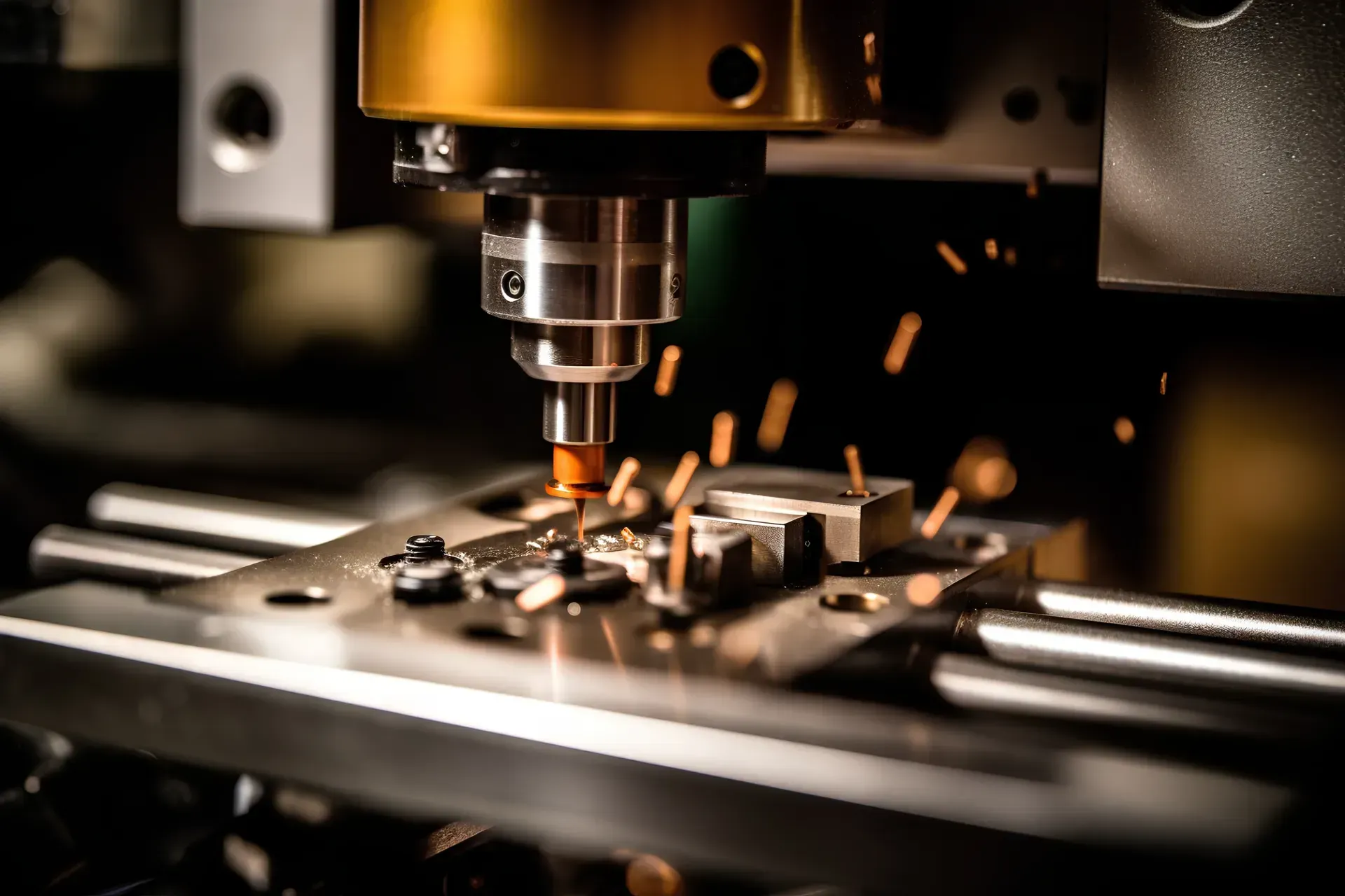 Una máquina está cortando un trozo de metal en una fábrica.