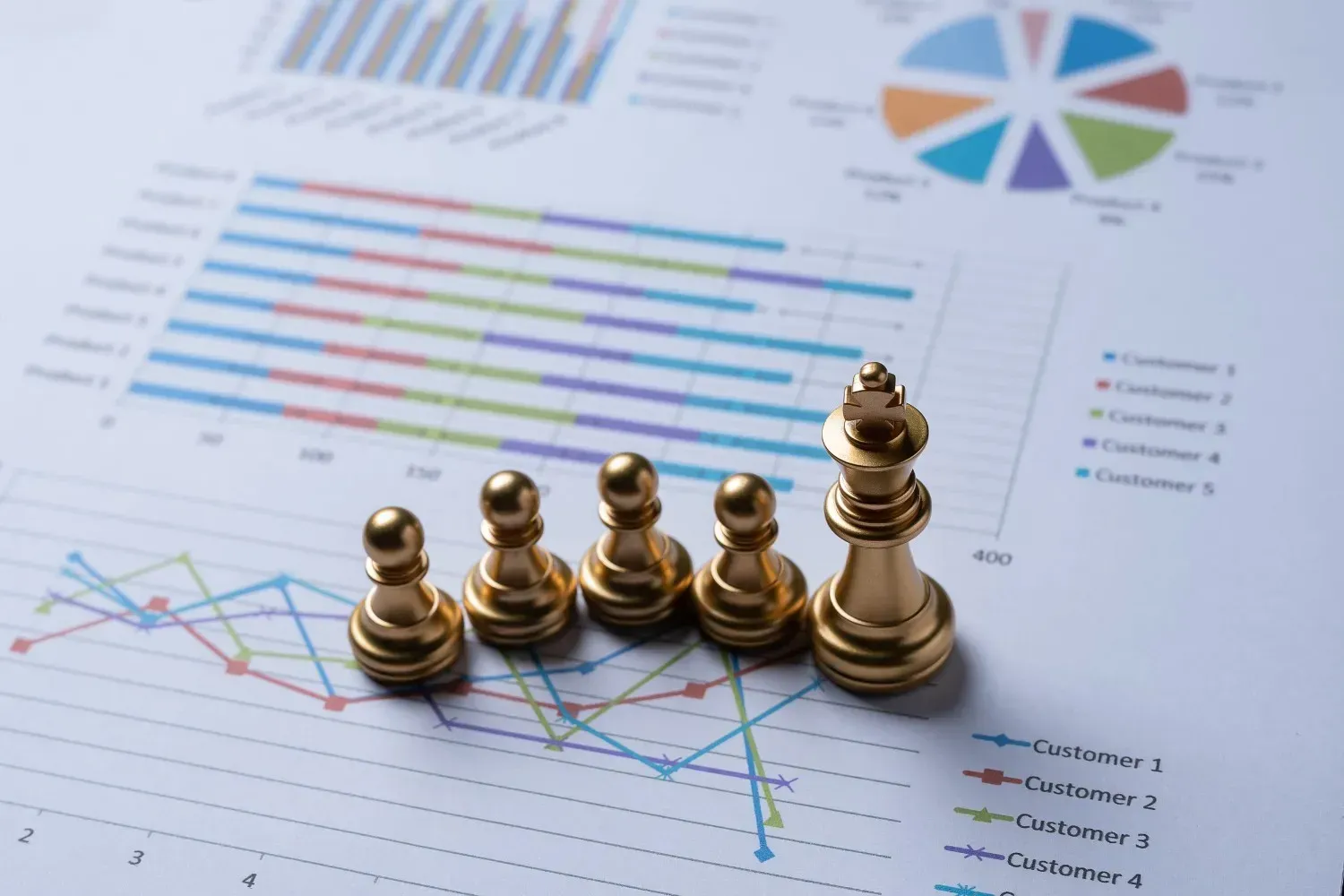 Cuatro peones de ajedrez dorados y un rey de pie sobre un informe impreso con varios gráficos y tablas de negocios.