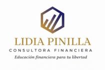 Logotipo de Lidia Pinilla, consultora financiera: un hex&aacute;gono con tres barras ascendentes, sobre texto en dorado y negro.