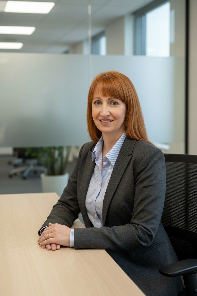 Una persona con cabello castaño rojizo, vestida con un blazer gris y una camisa de rayas azules, sentada en un escritorio en una oficina profesional.