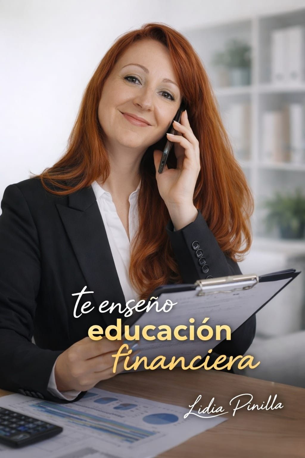 Mujer sonriente con traje oscuro hablando por teléfono y sosteniendo una carpeta, con el texto “te enseño educación financiera”.