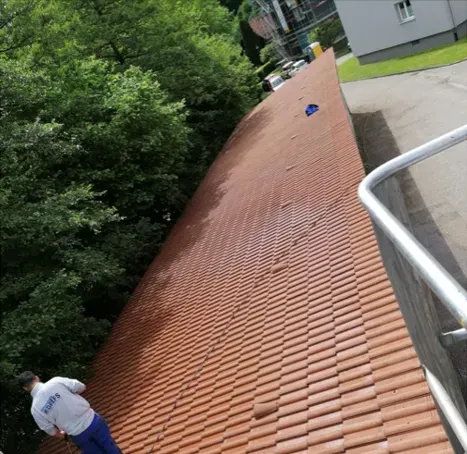 Eine Person steht neben einem langen, rot gedeckten Dach in der Nähe von Bäumen und einem Wohnhaus.