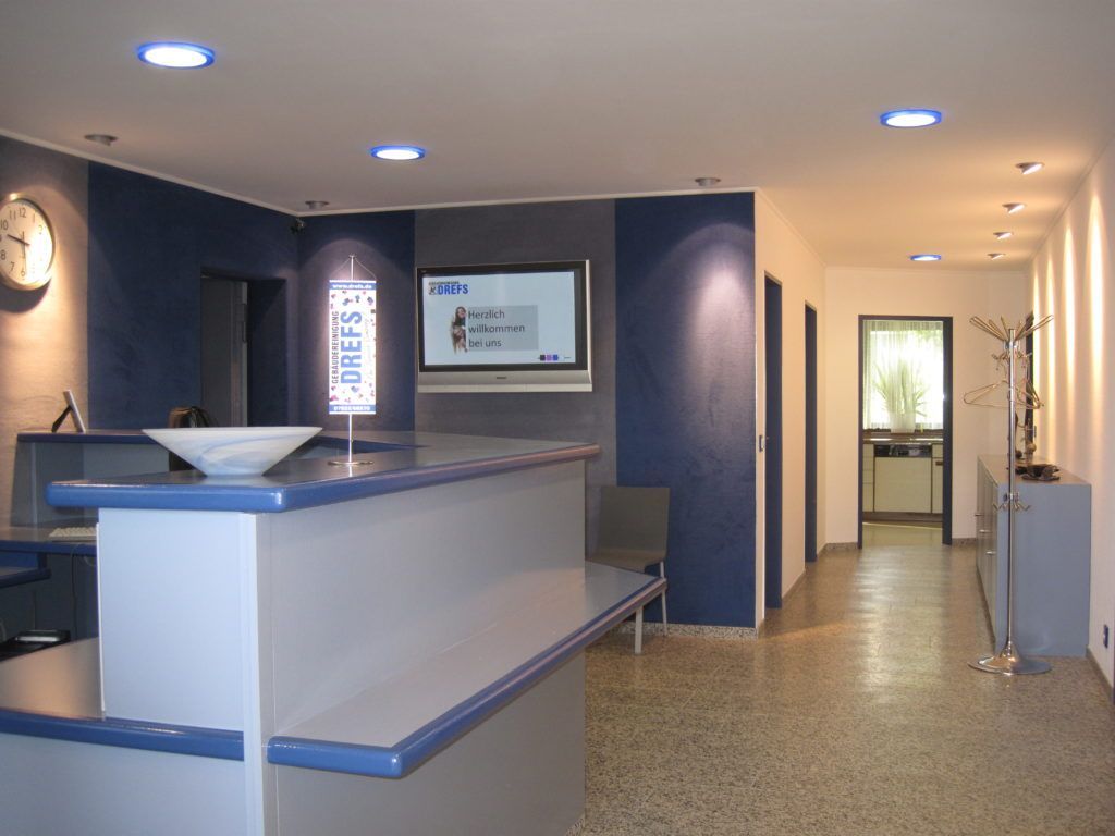 Moderne Bürolobby mit Empfangstresen, blauen Wänden, Einbaustrahlern und einem dahinterliegenden Flur.