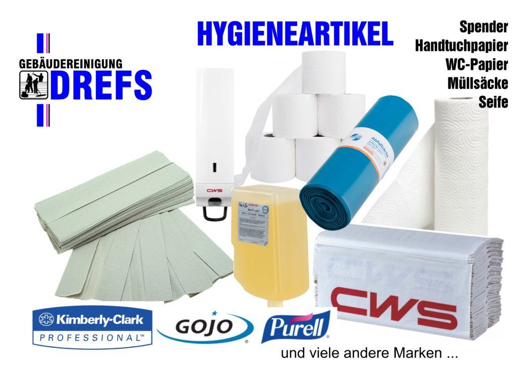 Hygieneartikel-Werbung mit Spendern, Papierrollen, Reinigungszubehör und Markenlogos auf weißem Hintergrund