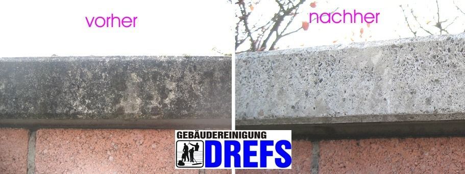Geteiltes Bild, das eine Wand vor und nach der Reinigung zeigt, beschriftet mit „vorher“ und „nachher“.