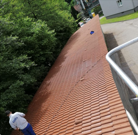Ein langes Ziegeldach neben Bäumen und einem Gebäude, auf dem unten links eine Person zu sehen ist, die es inspiziert.