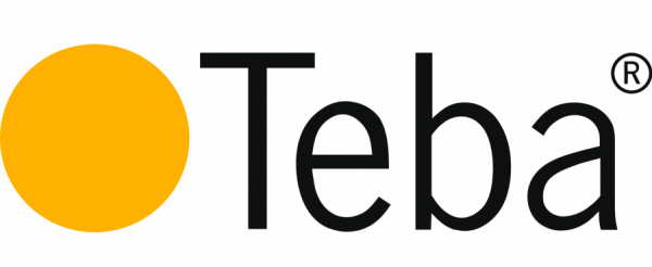 Das Teba-Logo ist gelb und schwarz mit einem gelben Kreis in der Mitte.