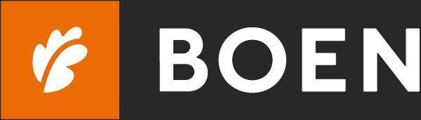 Das Boen-Logo ist orange und weiß auf schwarzem Hintergrund.