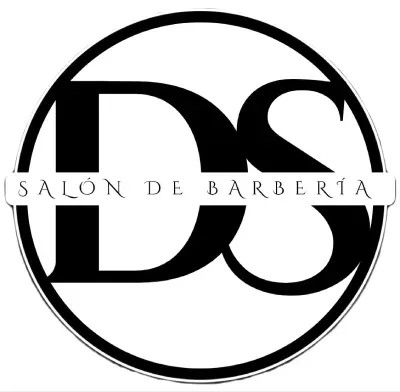 Logotipo en blanco y negro de DS Salon de Barberia dentro de un borde circular.