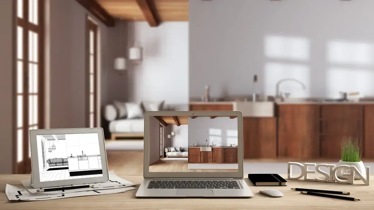 Minimalistischer Schreibtisch mit zwei Laptops, der den Blick ins Zimmer freigibt, in einem hellen, modernen Arbeitsbereich