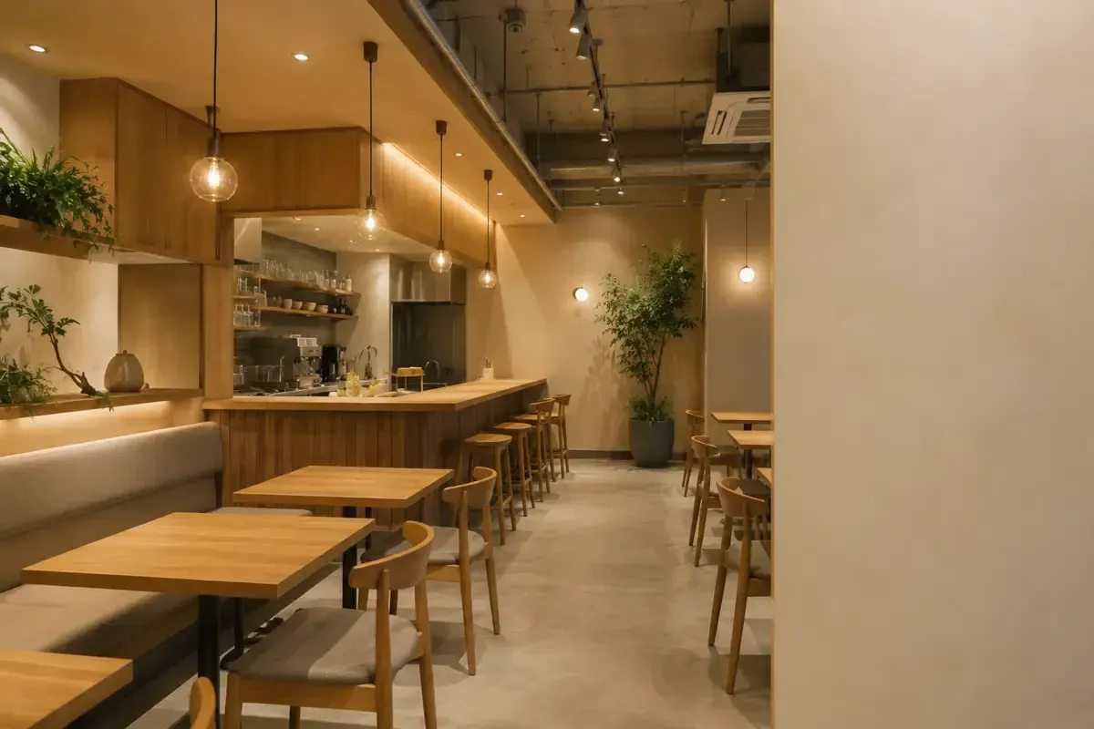 Gemütliches, modernes Café-Interieur mit Holztischen, Hockern, Hängelampen und Topfpflanzen