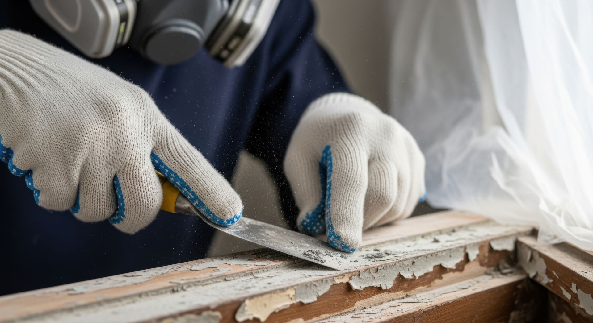 Une personne gratte de la peinture sur un cadre de fenêtre, portant des gants et un masque respiratoire.
